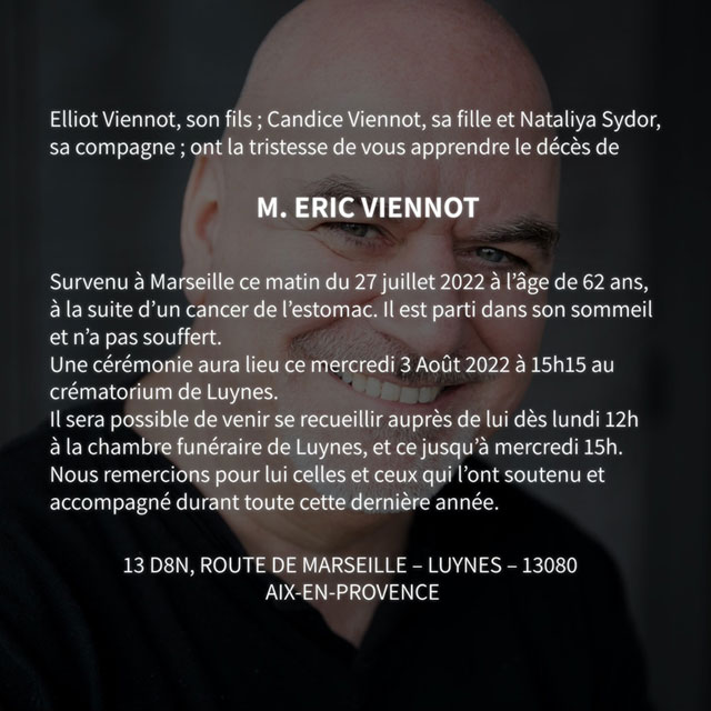Faire-part de décès d'Eric Viennot